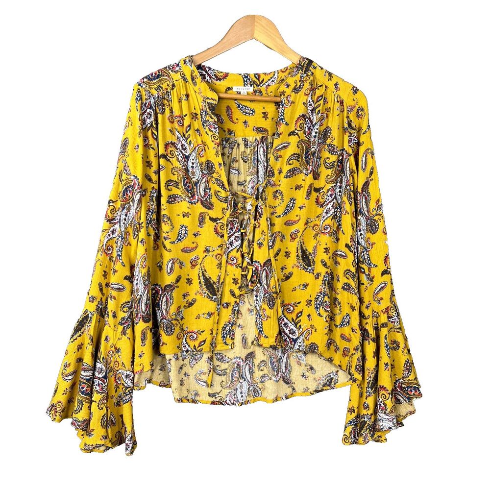 En Creme Womens M Mustard Paisley Boho Blouse Bell Sleeve Lace Up Rayon Top